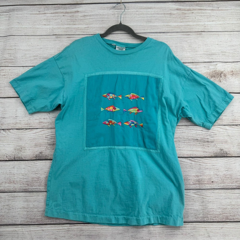 Johnny Was T-Shirt Women One Size Teal Green‎ Embroidered Fish Vintage 100S